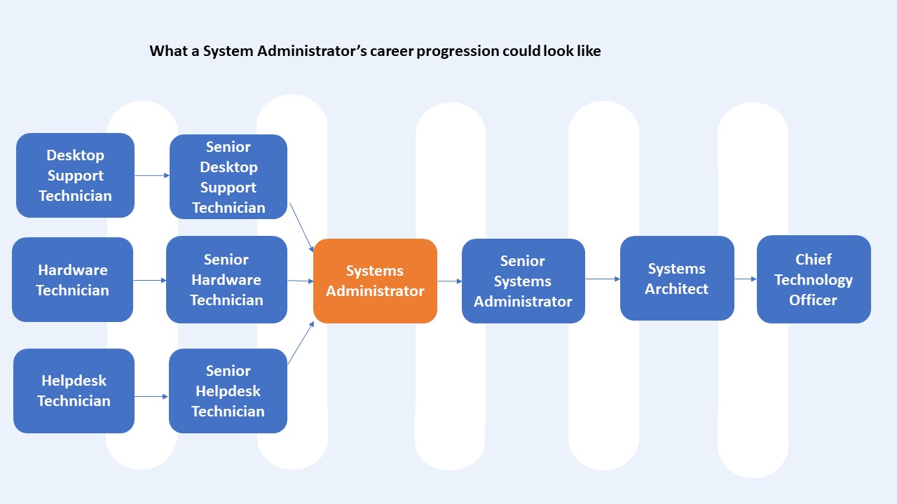 Flow chart showing possible career progression for a Systems Administrator