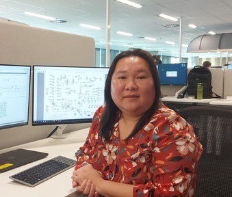 Woman sitting in front of computers