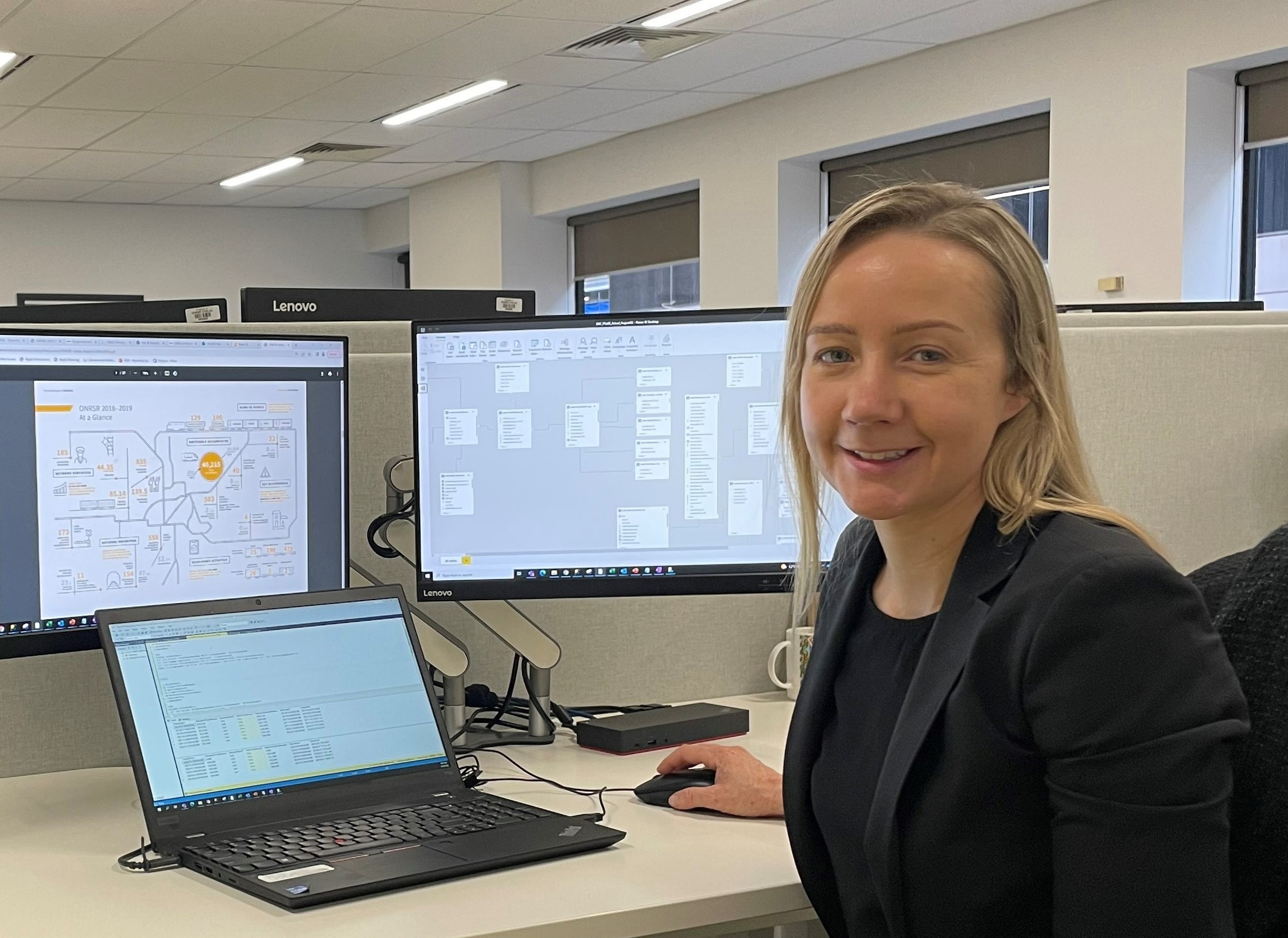 Female data analyst in front of computers