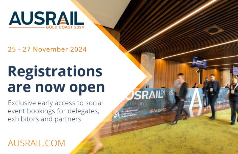 Poster showing registrations are now open for AUSRAIL 2024 event on November 25-27.