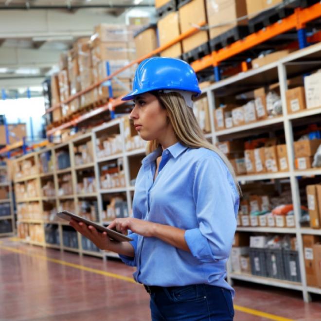 Female purchasing officer studying stock in warehouse.